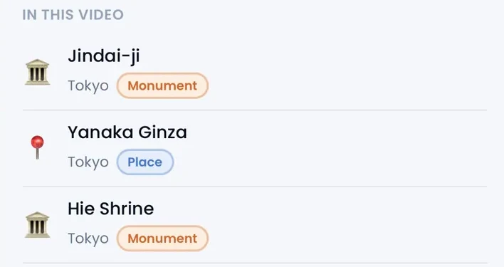 The places feedtrip found in one video, listed by name