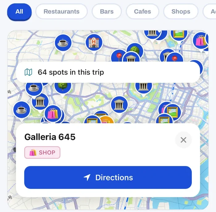 A Tokyo trip in feedtrip: every saved place on one map