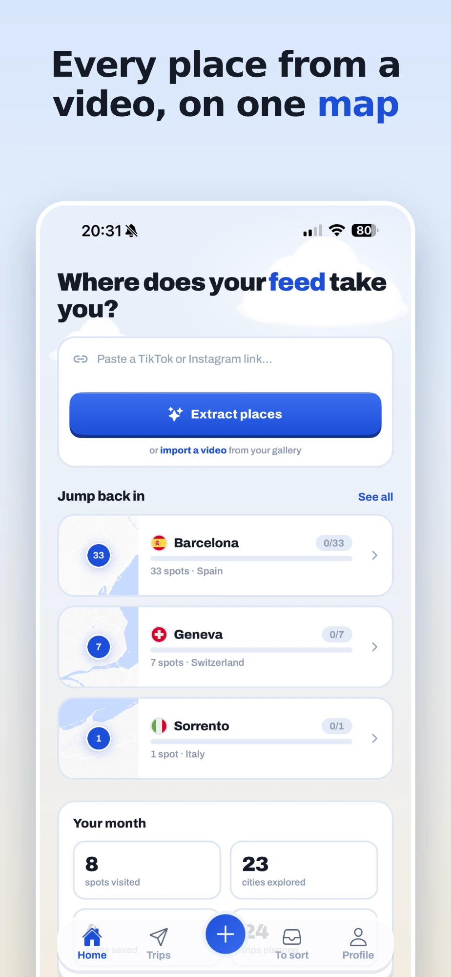 feedtrip home screen with recent trips