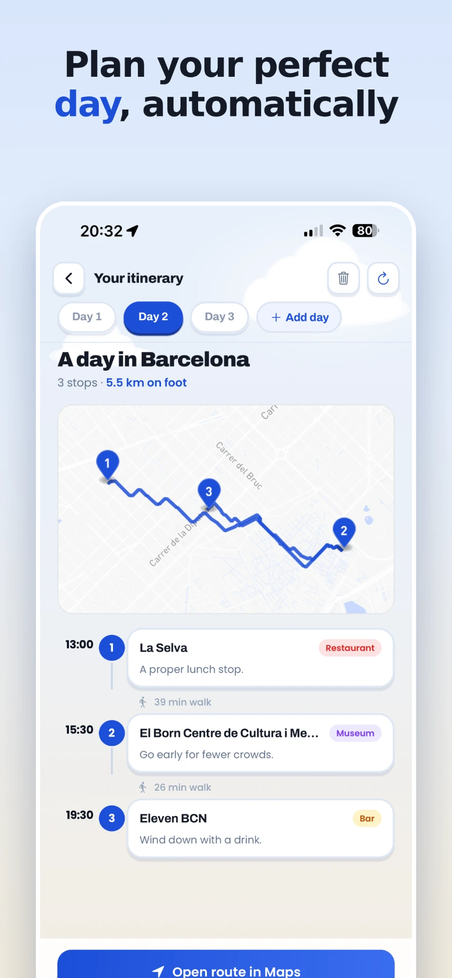 A planned day in feedtrip with timed stops and a walking route